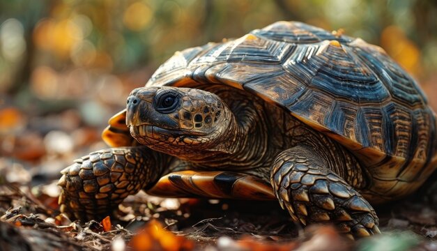  a close up of a tortoise on the ground with leaves on the ground and trees in the background.
