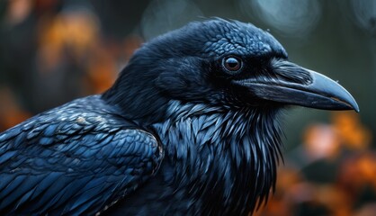 Fototapeta premium a close up of a black bird with a blue beak and a black head, with a blurry background.