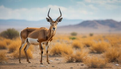  an antelope standing in the middle of a desert with a mountain range in the background in the distance.