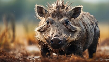  a close up of a wild boar looking at the camera with a blurry back ground and trees in the background.