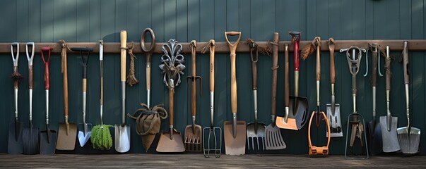 An organized row of cleaning tools lined up against an exterior wall, ready for maintenance work - obrazy, fototapety, plakaty