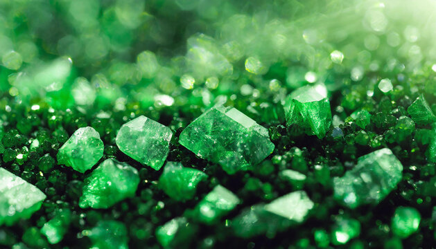 Beautiful Kryptonite crystals texture pattern. Shiny green precious rock. Natural backdrop.