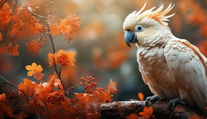  a close up of a bird on a tree branch with orange flowers in the background and a blurry sky in the background.