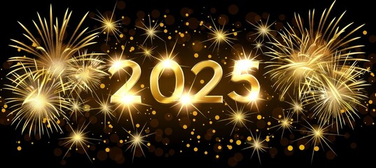Naklejka premium 2025 new year greeting card with big golden numbers on dark background, fireworks, and golden bokeh
