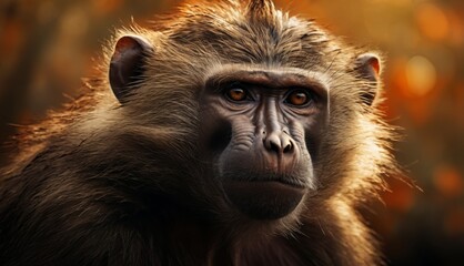  a close up of a monkey's face with a blurry background of trees and leaves in the background.