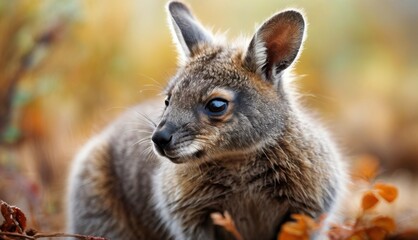  a close up of a small kangaroo in a field of grass and flowers with a blurry background of leaves.