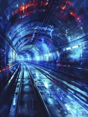 Underground transport network, tunnels illuminated by dynamic neon blue lights.