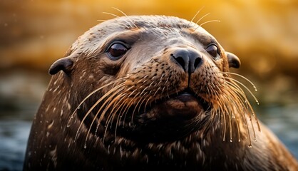  a close up of a sea lion with water droplets on it's face and a body of water in the background.