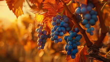 A cluster of ripe grapes hanging from the vine in a vineyard. - obrazy, fototapety, plakaty