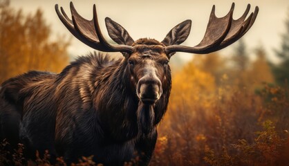  a close up of a moose with large antlers on it's head in a field of tall grass.