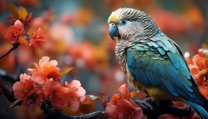  a close up of a bird on a branch of a tree with flowers in front of a blurry background.