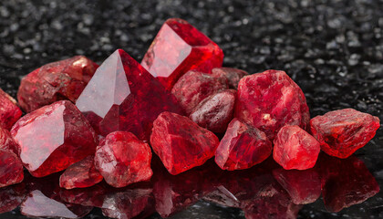 Close-up of red ruby stones for jewelry or decoration. Raw and rough shiny stones.