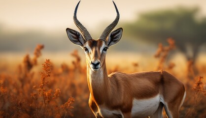  a gazelle standing in the middle of a field of tall grass with long horns on it's head.