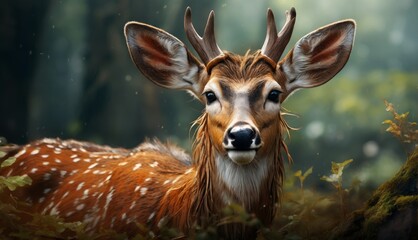  a close up of a deer with antlers on it's head and in the background is a forest.