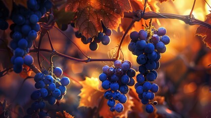 A cluster of grapes hangs from a vine, showcasing the fruit ready for harvest.