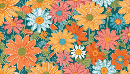 Trendy floral seamless pattern illustration. Vintage 70s style hippie flower background design. Colorful pastel color groovy artwork, nature backdrop with daisy flowers.