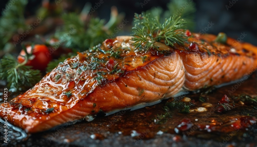 Poster  a close up of a piece of salmon on a plate with a sprig of parsley on top of it.