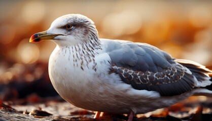  a close up of a seagull on the ground with leaves in the foreground and a blurry background.