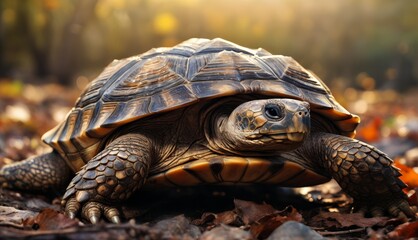  a close up of a tortoise on the ground with leaves on the ground and trees in the background.