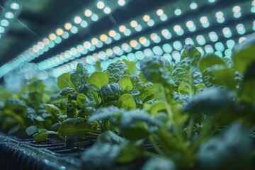 An urban vertical farm uses neon blue LEDs to sustainably grow plants indoors. - obrazy, fototapety, plakaty