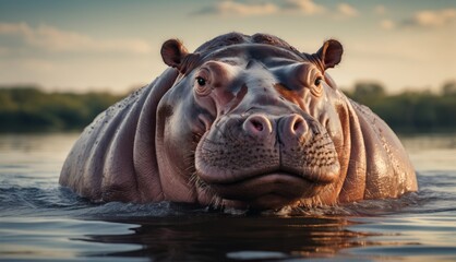  a close up of a hippopotamus in the water with it's head above the water's surface.