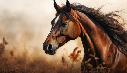  a close up of a horse in a field of tall grass with a blurry background of the horse's head.