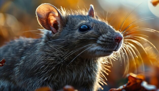  a close up of a mouse in a field with leaves in the foreground and a blurry background of leaves in the foreground.