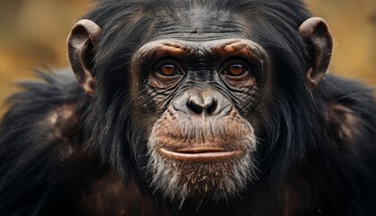  a close up of a monkey's face with a serious look on it's face and a blurry background. - obrazy, fototapety, plakaty