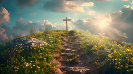Path with stairs leading to Christian cross on hill. Happy Easter. Christian symbol of faith. - obrazy, fototapety, plakaty