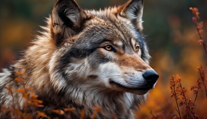  a close up of a wolf's face in a field of tall grass and wildflowers with trees in the background.