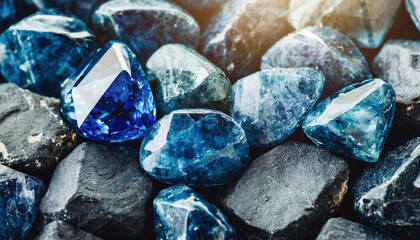Pile of beautiful blue Sapphire stones. Natural expensive gems.