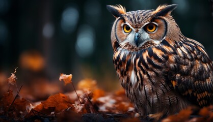  a close up of an owl in a field of leaves with a blurry background of trees and trees in the background.