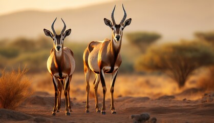  a couple of gazelle standing next to each other on a dirt field with a mountain in the back ground. - obrazy, fototapety, plakaty