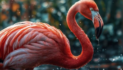  a flamingo is standing in the water with its head in the air and it's beak in the air.