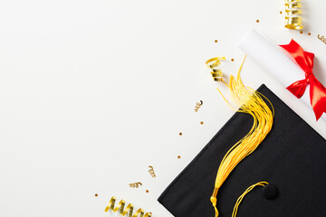 Graduation cap, diploma and glitter confetti on white background.