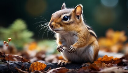  a small squirrel standing on its hind legs in a pile of leaves and looking at the camera with a curious look on its face.