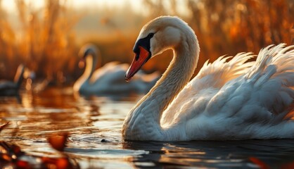  a close up of a swan swimming in a body of water with other ducks in the water and trees in the background.