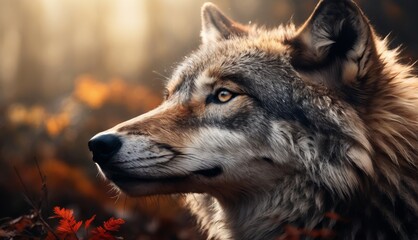  a close up of a wolf's face with a blurry background of leaves and flowers in the foreground.