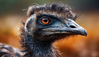  a close up of an ostrich's head with a blurry background and a blurry background.