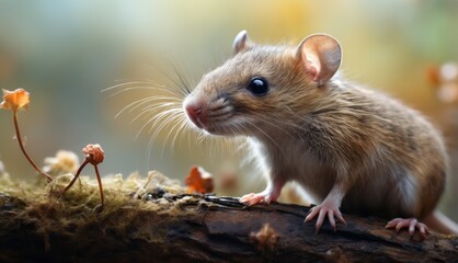  a close up of a small rodent on a tree branch with leaves on the ground and a blurry background.