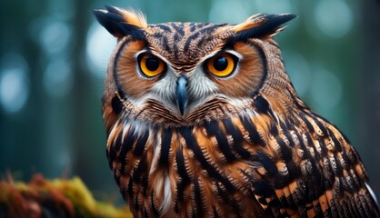  a close up of an owl on a branch with a blurry back ground and trees in the back ground.