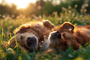 Perros disfrutando del sol mientras juegan en la hierba. Bonita imagen de respeto por los animales, perros y animales de compañía. - obrazy, fototapety, plakaty