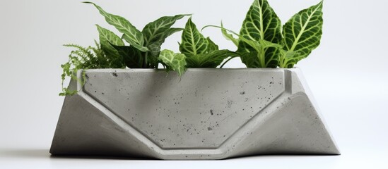 A rectangular flowerpot filled with terrestrial plants and houseplants, including leafy greens and flowering plants, placed on a white surface