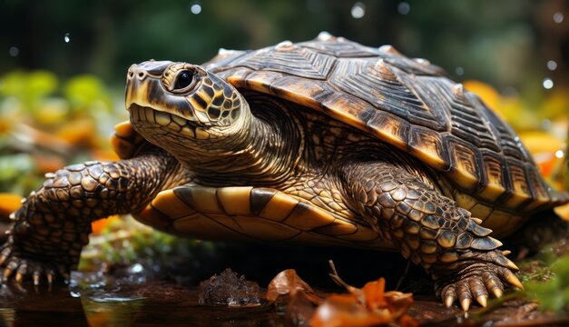  a close up of a turtle in a body of water with leaves on the ground and trees in the background.