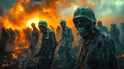 Zombie in front of a burning landscape - A chilling zombie figure stands before a fiery apocalyptic landscape, symbolizing doom and despair - obrazy, fototapety, plakaty