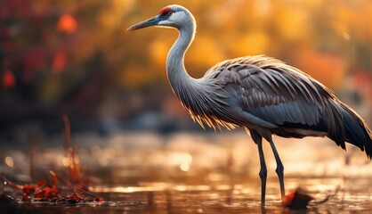 Fototapeta premium a large bird with a long neck standing in a body of water in front of a forest with red and yellow leaves.