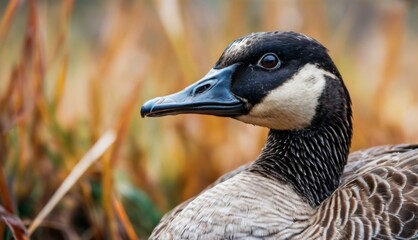  a close up of a duck in a field of tall grass and reeds with a blurry background of grass and reeds in the foreground.