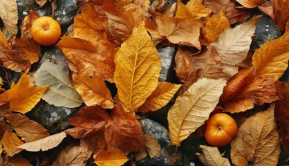  a pile of leaves and oranges sitting on top of a pile of gray and yellow leaves on top of a pile of rocks.