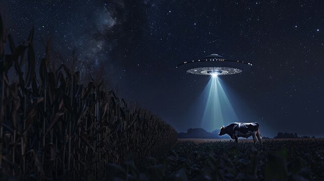 UFO beaming light over cow in nighttime cornfield - Surreal scene with UFO using tractor beam on cow in a cornfield under a starry sky