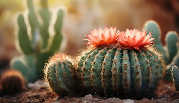 a close up of a cactus with a red flower on it's head and a green cactus with a red flower on it's head.